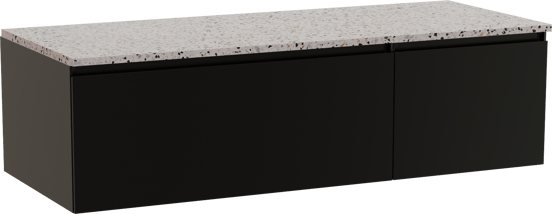 Storke Edge zwevend badmeubel 130 x 52 cm mat zwart met Tavola enkel of dubbel wastafelblad in mat wit/zwart terrazzo