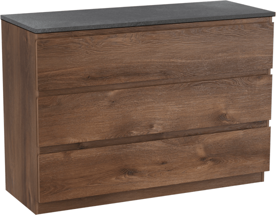 Linie Lado freistehendes Möbelstück Set: 120 x 46 cm, Braune Eiche, mit Lado Einzel- oder Doppel Waschtischplatte, Melamin Schiefergrau