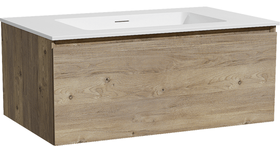 Storke Edge meuble salle de bains suspendu 85 x 52 cm chêne brut avec Mata plan simple en solid surface blanc mat