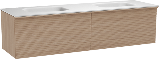 Balmani Forma hängendes Möbelstück Set: 180 x 55 cm, Naturbelassene Eiche, mit Tablo Arcato Doppelwaschtisch, Solid Surface, Weiß matt, Horizontale symmetrische gerade Rippe