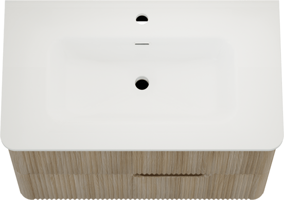 Linie Curvo meuble salle de bains suspendu 80 x 46 cm chêne clair avec Baro Curvo plan simple en porcelaine blanc brillant, Nervure circulaire symétrique verticale