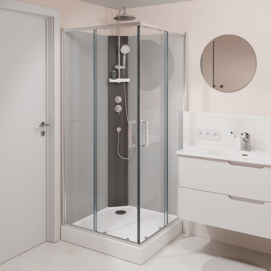 Linie Salta cabine de douche avec portes coulissantes 90 x 90 cm verre transparent profil chrome avec robinet