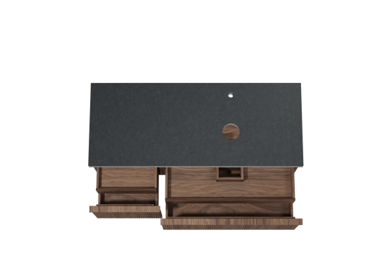 Balmani Forma zwevend badmeubel 135 x 55 cm amerikaans notenhout met Rock asymmetrisch rechtse wastafel in zwart graniet, Verticale symmetrische rechte ribbel