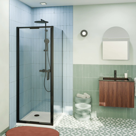 Luca Varess Vidor In Eckdusche: Drehtür und fixierte, Seitenwand, 80 x 80 cm, Klarglas, mattschwarzes Profil