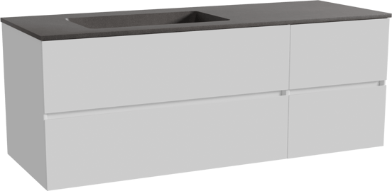 Storke Edge zwevend badmeubel 140 x 52 cm hoogglans wit met Scuro asymmetrisch linkse wastafel in kwarts mat zwart