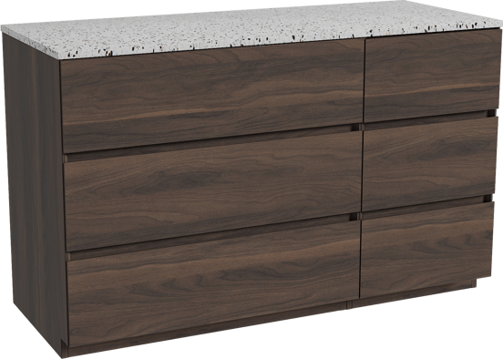 Storke Edge freistehendes Möbelstück Set: 130 x 52 cm, Nussbaum, mit Tavola Einzel- oder Doppel Waschtischplatte, Terrazzo in Weiß/Schwarz matt