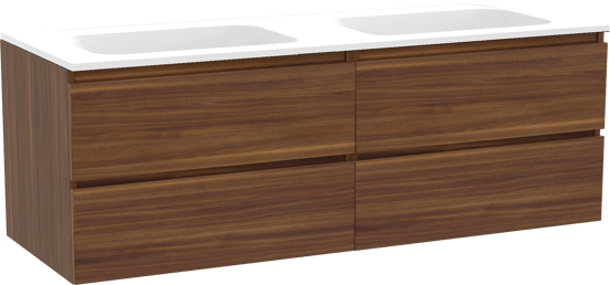 Balmani Lucida hängendes Möbelstück Set: 150 x 55 cm, Amerikanischer Nussbaum, mit Tablo Strada Doppelwaschtisch, Marmorkomposit Weiß matt