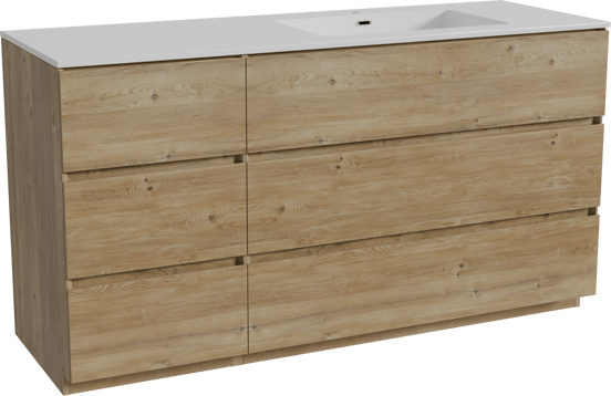 Storke Edge staand badmeubel 150 x 52 cm ruw eiken met Diva asymmetrisch rechtse wastafel in composietmarmer hoogglans wit