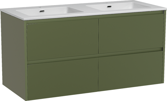 Storke Seda zwevend badmeubel 120 x 52 cm olijfgroen met Diva dubbele wastafel in composietmarmer hoogglans wit