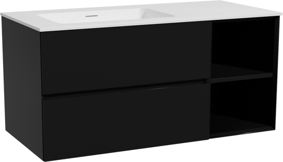 Storke Edge meuble salle de bains suspendu 110 x 52 cm noir mat avec Mata plan vasque asymétrique à gauche en solid surface blanc mat