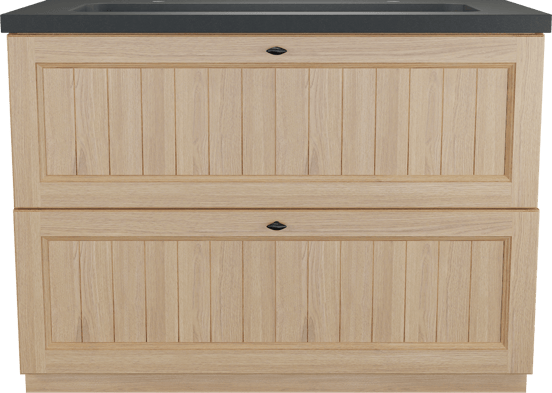 Balmani Lemon freistehendes Möbelstück Set: 120 x 55 cm, Naturbelassene Eiche Furnier, mit Napoli Einzelwaschtisch für 2 Armaturenlöcher, Schwarzes Granit