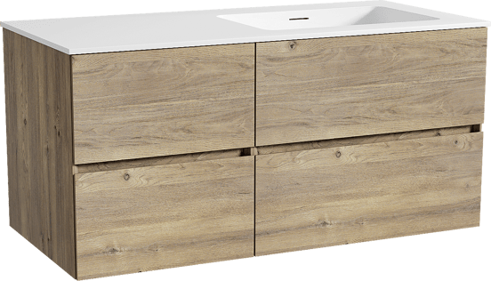 Storke Edge zwevend badmeubel 110 x 52 cm ruw eiken met Mata asymmetrisch rechtse wastafel in solid surface mat wit