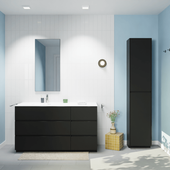 Storke Edge staand badmeubel 140 x 52 cm mat zwart met Mata asymmetrisch linkse wastafel in solid surface mat wit