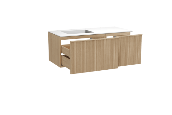 Balmani Forma zwevend badmeubel 120 x 55 cm naturel eiken met Tablo Stretto asymmetrisch linkse wastafel in solid surface mat wit, Verticale asymmetrische ronde ribbel