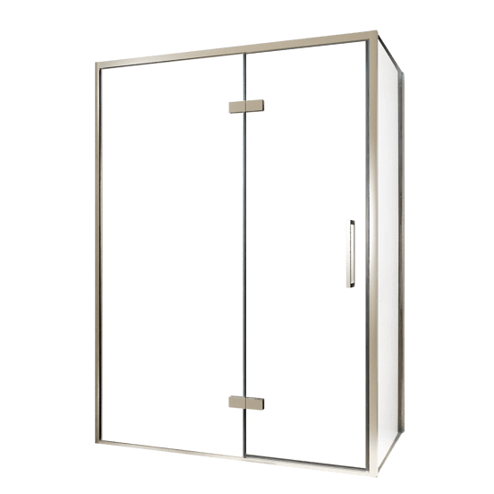 Balmani Senses Design douche en coin avec porte pivotante à gauche et paroi latérale fixe, 140 x 70 cm, Verre transparent, Profil Brushed CoolMetal, coating inclus