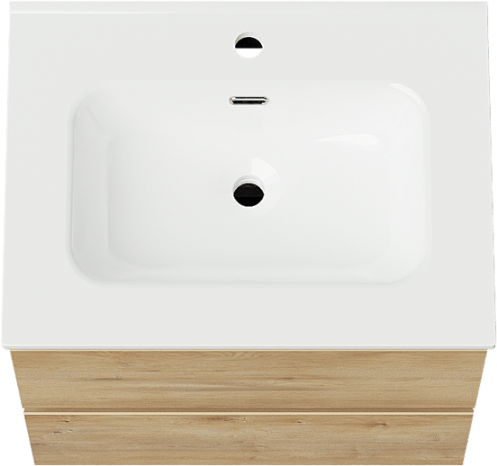 Linie Lado zwevend badkamermeubel 60 x 46 cm natuur eik met Baro enkele wastafel in porselein glanzend wit