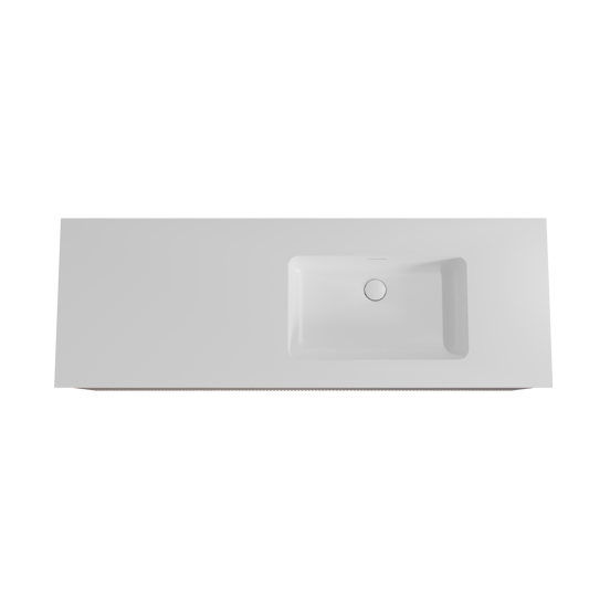 Storke Ribs zwevend badmeubel 150 x 52 cm notenhout met Mata asymmetrisch rechtse wastafel in solid surface mat wit, Verticale symmetrische rechte ribbel