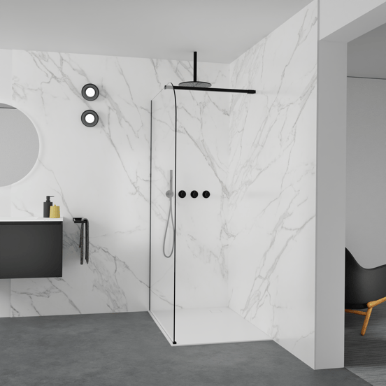 Balmani Modular inloopdouche: 120 x 200 cm, Helder glas afgerond, Mat zwarte profielen