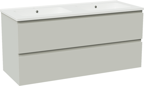 Linie Lado zwevend badmeubel 120 x 46 cm greige met Vano dubbele wastafel in composietmarmer hoogglans wit