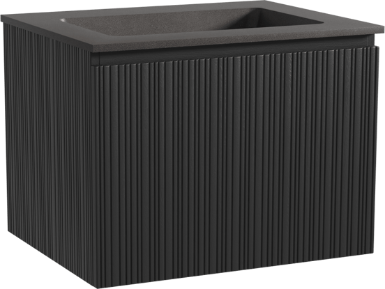 Storke Ribs meuble salle de bains suspendu 65 x 52 cm chêne noir avec Scuro plan simple en quartz noir mat, Nervure droite asymétrique verticale