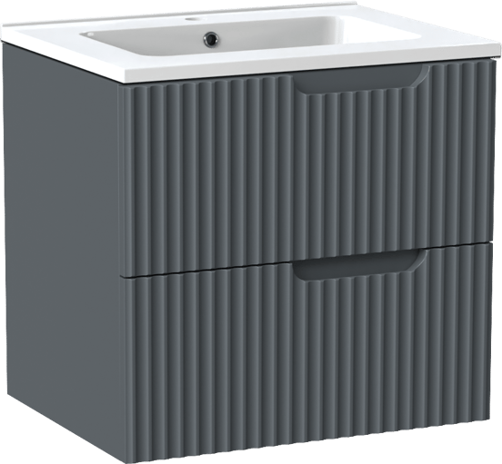 Linie Ribbo zwevend badmeubel 60 x 46 cm blauw antraciet met Vano enkele wastafel in composietmarmer hoogglans wit, Verticale symmetrische ronde ribbel