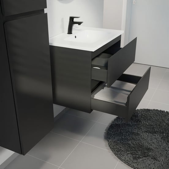 Linie Lado zwevend badmeubel 70 x 46 cm mat zwart met Vano enkele wastafel in composietmarmer mat wit