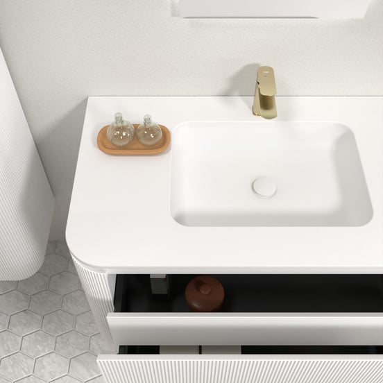 Balmani Moon zwevend badmeubel 160 x 55 cm mat wit met Moon dubbele wastafel in solid surface mat wit, Verticale symmetrische rechte ribbel