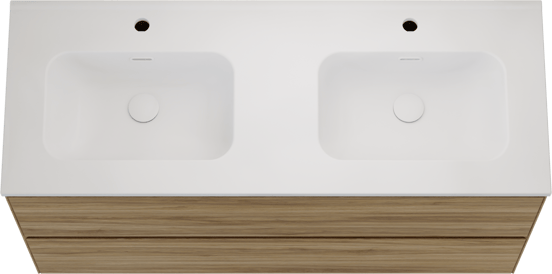 Balmani Mitra Compact hängendes Möbelstück Set: 120 x 46 cm, Wildeiche, mit Nostra Doppelwaschtisch Keramik Weiβ matt