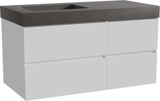 Storke Edge zwevend badkamermeubel 110 x 52 cm glanzend wit met Scuro High asymmetrisch linkse wastafel in kwarts mat zwart