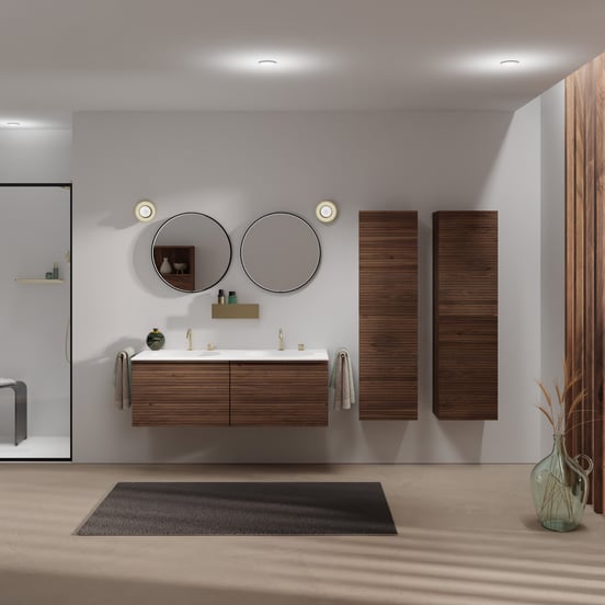 Balmani Forma zwevend badmeubel 135 x 55 cm amerikaans notenhout met Tablo Oval dubbele wastafel in solid surface mat wit, Horizontale symmetrische rechte ribbel