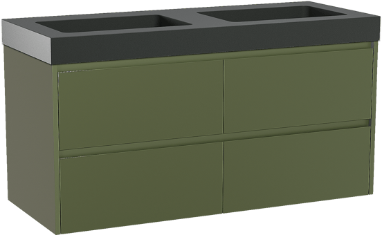 Storke Seda zwevend badmeubel 130 x 52 cm olijfgroen met Scuro High dubbele wastafel in kwarts mat zwart