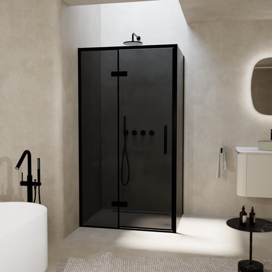 Balmani Senses Design douchecabine met linkse draaideur en vaste zijwand, 100 x 100 cm, Rookglas, Zwarte profielen