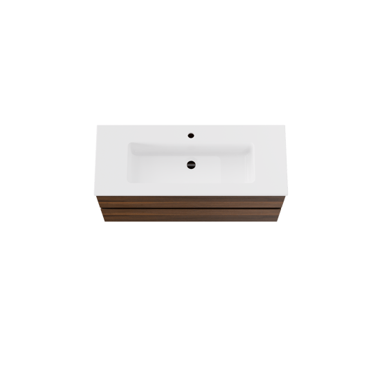Storke Edge zwevend badmeubel 100 x 40 cm notenhout met Diva enkele wastafel in composietmarmer hoogglans wit