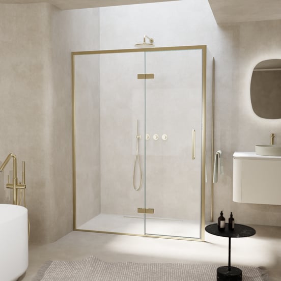 Balmani Senses Design douche en coin avec porte pivotante à gauche et paroi latérale fixe, 140 x 70 cm, Verre transparent, Profil Brushed Champagne Gold, coating inclus