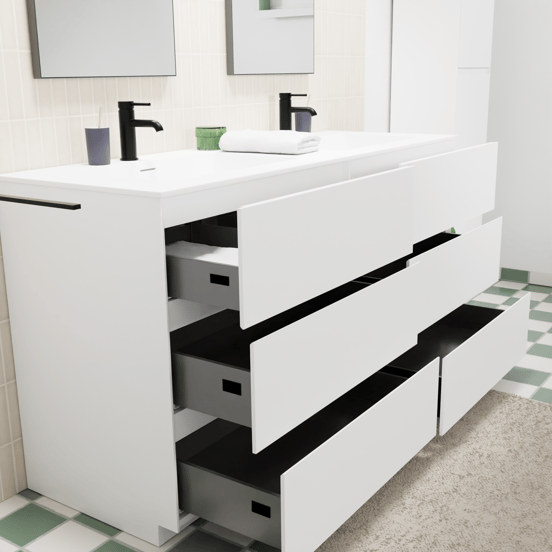 Storke Edge freistehendes Möbelstück Set: 150 x 52 cm, Weiß matt, mit Mata Doppelwaschtisch, Solid Surface Weiß matt