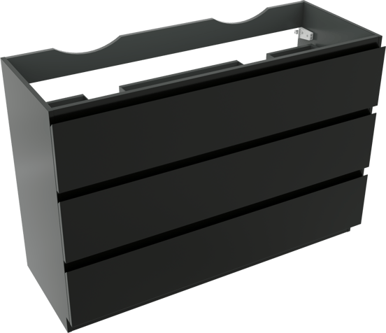 Linie Lado stehender Waschbeckenunterschrank: 120 x 46 cm, Schwarz Matt, 3 Schubladen, 2 Siphonaussparungen