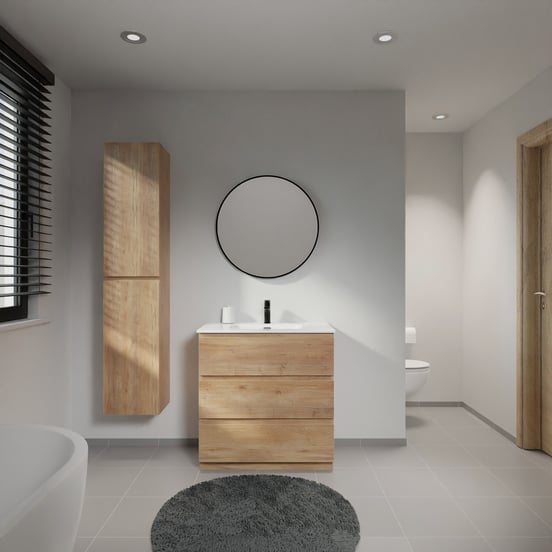 Linie Lado meuble salle de bains à poser 80 x 46 cm chêne naturel avec Baro plan simple en porcelaine blanc brillant