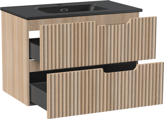Linie Ribbo zwevend badmeubel 80 x 46 cm licht eiken met Baro enkele wastafel in porselein mat zwart, Verticale symmetrische ronde ribbel