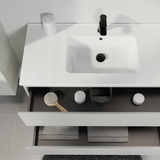Linie Lado zwevend badmeubel 120 x 46 cm greige met Vano dubbele wastafel in composietmarmer hoogglans wit