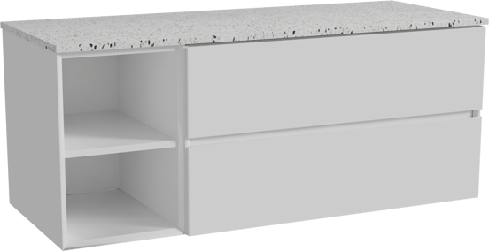 Storke Edge hängendes Möbelstück Set: 130 x 52 cm, Weiß glänzend, mit Tavola Einzel- oder Doppel Waschtischplatte, Terrazzo in Weiß/Schwarz matt