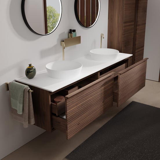 Balmani Forma hängendes Möbelstück Set: 180 x 55 cm, Amerikanischer Nussbaum, mit Stretto Einzel- oder Doppel Waschtischplatte, Solid Surface, Weiß matt, Horizontale symmetrische gerade Rippe