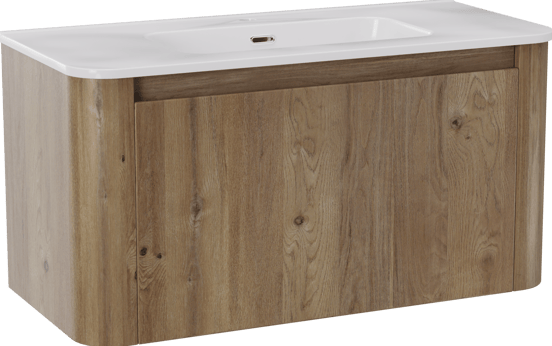 Storke Soft hängendes Möbelstück Set: 100 x 46 cm, Eiche rau, mit Kera Soft Einzelwaschtisch Keramik Weiβ glänzend