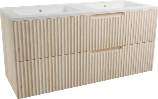 Linie Ribbo meuble salle de bains suspendu 120 x 46 cm chêne clair avec Vano double vasque en marbre composite blanc brillant, Nervure circulaire symétrique verticale