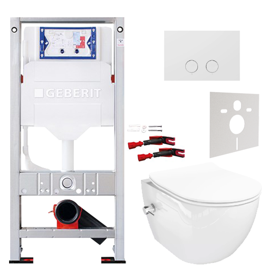 WC Set: Luca Varess Moreno Bidet, Weiß glänzend, spülrandlos, Burda Element für Wand-WC mit Geberit Sigma UP320 Spülkasten und Luca Varess Betätigungsplatte