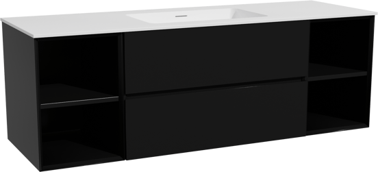 Storke Edge hängendes Möbelstück Set: 155 x 52 cm, Schwarz matt, mit Mata Einzelwaschtisch, Solid Surface Weiß matt