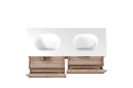 Balmani Forma hängendes Möbelstück Set: 150 x 55 cm, Teak, mit Tablo Oval Doppelwaschtisch, Solid Surface, Weiß matt, Vertikale symmetrische gerade Rippe