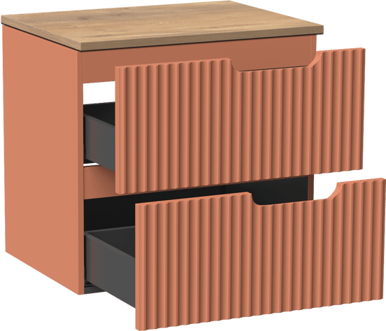 Linie Ribbo zwevend badmeubel 60 x 46 cm cotto met Lado enkel wastafelblad in melamine naturel eiken, Verticale symmetrische ronde ribbel