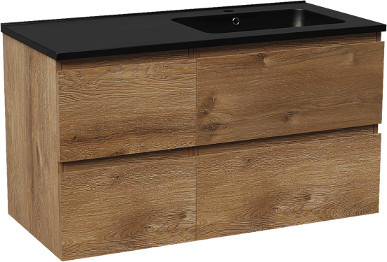 Linie Lado zwevend badkamermeubel 100 x 46 cm bruine eik met Vano asymmetrisch rechtse wastafel in composietmarmer mat zwart