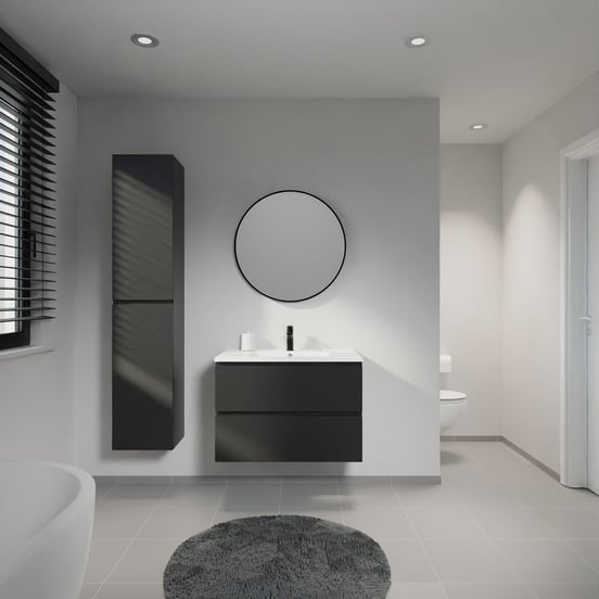 Linie Lado meuble salle de bains suspendu 80 x 46 cm noir mat avec Vano plan simple en marbre composite blanc mat