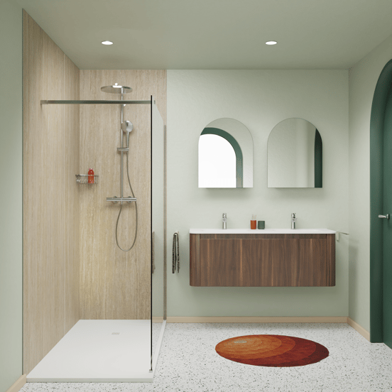 Luca Varess Groovy Duschrückwand Set 2 x 120x260 cm, SPC, Travertin